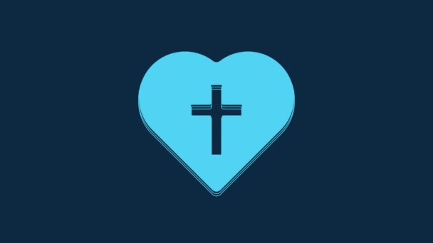 蓝色基督教十字架在心脏图标孤立在蓝色背景 复活节快乐4K视频运动图形动画 — 图库视频影像