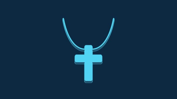 青の背景に隔離されたチェーンアイコン上の青のクリスチャンクロス 教会の十字架 4Kビデオモーショングラフィックアニメーション — ストック動画
