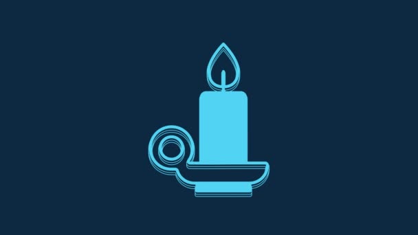 Blue Burning Candle Candlestick Icon Isolated Blue Background Cylindrical Candle — Stockvideo