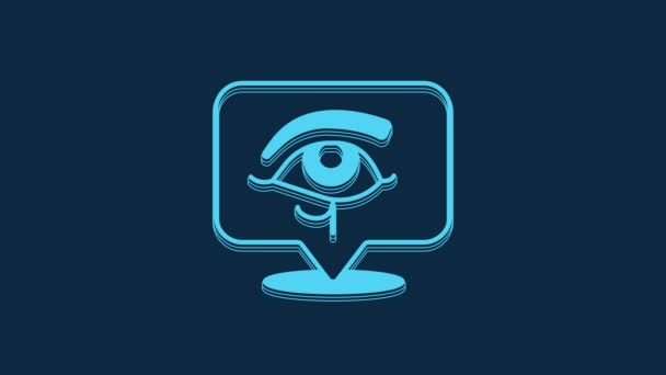 青い背景に分離されたホルスアイコンの青い目 古代エジプトの女神保護 王の力と健康のWedjetシンボル 4Kビデオモーショングラフィックアニメーション — ストック動画