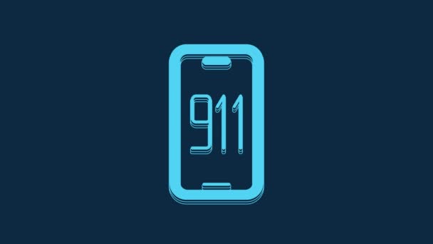 ブルーの背景に隔離された緊急コール911アイコンとブルーの携帯電話 警察救急車消防署電話 4Kビデオモーショングラフィックアニメーション — ストック動画