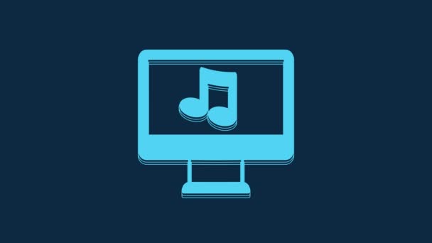 青の背景に隔離された画面アイコン上の音楽ノート記号とブルーコンピュータ 4Kビデオモーショングラフィックアニメーション — ストック動画