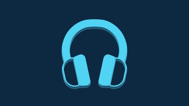 青の背景に隔離された青のヘッドフォンアイコン イヤフォン サービス コミュニケーション オペレーターの話を聞くためのコンセプト 4Kビデオモーショングラフィックアニメーション — ストック動画