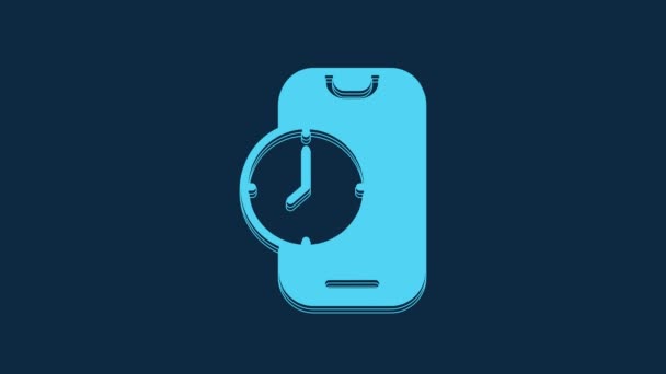 青の背景に隔離された青の目覚まし時計アプリのスマートフォンインターフェースアイコン 4Kビデオモーショングラフィックアニメーション — ストック動画