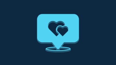 Blue Map pointer with heart icon isolated on blue background. Valentines day. Love location. Romantic map pin. 4K Video motion graphic animation.
