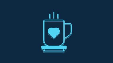 Blue Coffee cup and heart icon isolated on blue background. Couple coffee for lovers on Valentines Day. 4K Video motion graphic animation.