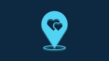 Blue Map pointer with heart icon isolated on blue background. Valentines day. Love location. Romantic map pin. 4K Video motion graphic animation.