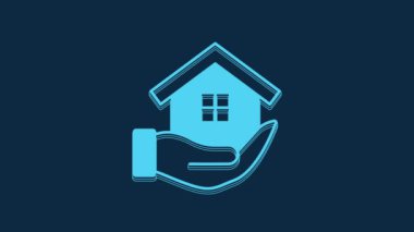 Blue House in hand icon isolated on blue background. Insurance concept. Security, safety, protection, protect concept. 4K Video motion graphic animation.