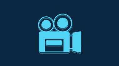 Blue Retro cinema camera icon isolated on blue background. Video camera. Movie sign. Film projector. 4K Video motion graphic animation.