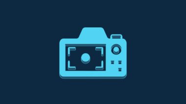 Blue Photo camera icon isolated on blue background. Foto camera. Digital photography. 4K Video motion graphic animation.