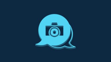 Blue Photo camera icon isolated on blue background. Foto camera. Digital photography. 4K Video motion graphic animation.