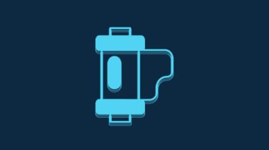 Blue Camera vintage film roll cartridge icon isolated on blue background. 35mm film canister. Filmstrip photographer equipment. 4K Video motion graphic animation.