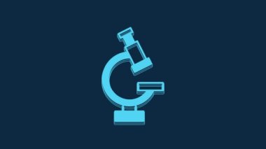 Blue Microscope icon isolated on blue background. Chemistry, pharmaceutical instrument, microbiology magnifying tool. 4K Video motion graphic animation.