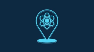 Blue Atom icon isolated on blue background. Symbol of science, education, nuclear physics, scientific research. 4K Video motion graphic animation.