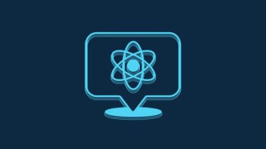 Blue Atom icon isolated on blue background. Symbol of science, education, nuclear physics, scientific research. 4K Video motion graphic animation.