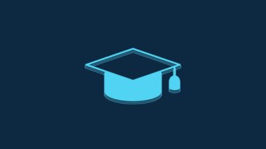 Blue Graduation cap icon isolated on blue background. Graduation hat with tassel icon. 4K Video motion graphic animation.