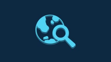 Blue Magnifying glass with globe icon isolated on blue background. Analyzing the world. Global search sign. 4K Video motion graphic animation.