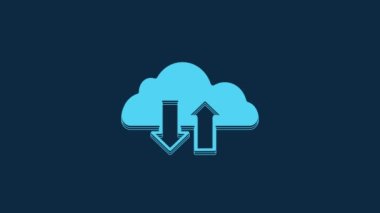 Blue Cloud download and upload icon isolated on blue background. 4K Video motion graphic animation.