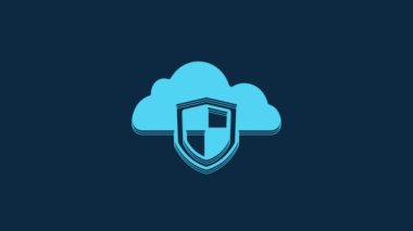 Blue Cloud and shield icon isolated on blue background. Cloud storage data protection. Security, safety, protection, privacy concept. 4K Video motion graphic animation.