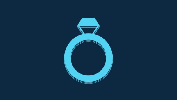 蓝色婚戒图标隔离在蓝色背景 新娘和新郎珠宝标志 婚姻的象征 钻石戒指4K视频运动图形动画 — 图库视频影像