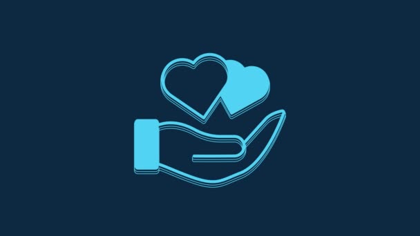 青色の背景に隔離された手のアイコンでブルーハート 愛のシンボルを与える手 バレンタインデーのシンボル 4Kビデオモーショングラフィックアニメーション — ストック動画