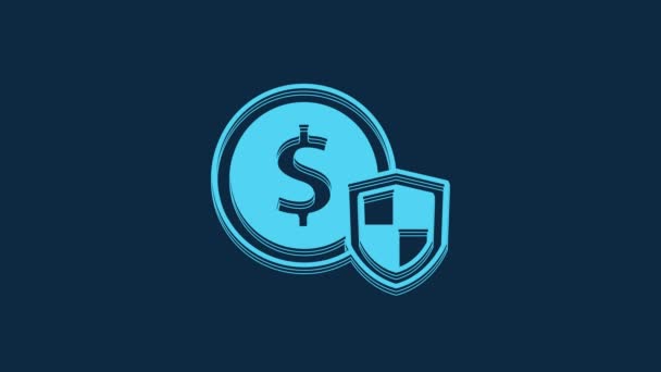 蓝色货币与盾牌图标隔离在蓝色背景 保险概念 保护概念 4K视频运动图形动画 — 图库视频影像