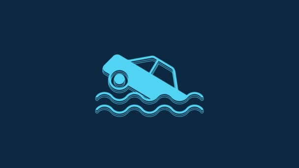 青色の背景に隔離された青い洪水車のアイコン 保険の概念 洪水災害の概念 セキュリティ 安全性 保護の概念 4Kビデオモーショングラフィックアニメーション — ストック動画