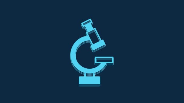 蓝色显微镜图标隔离在蓝色背景上 制药仪器 微生物学放大工具 4K视频运动图形动画 — 图库视频影像
