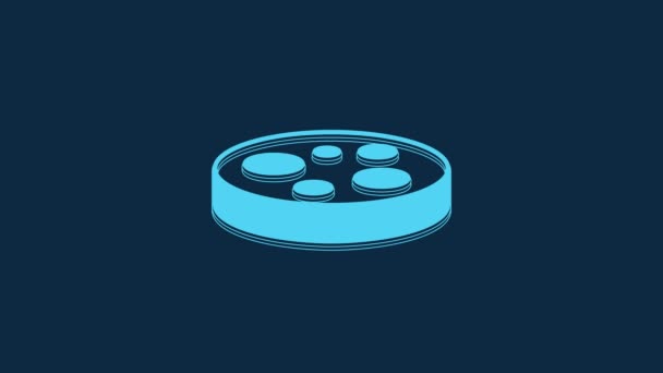 青色の背景に単離された細菌アイコンとブルーペトリ皿 4Kビデオモーショングラフィックアニメーション — ストック動画