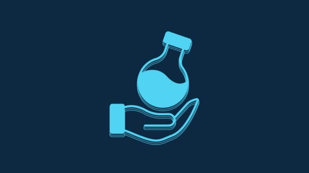 青色の背景に隔離された青色の試験管とフラスコ化学実験室のテストアイコン 研究室のガラス製品のサイン 4Kビデオモーショングラフィックアニメーション — ストック動画