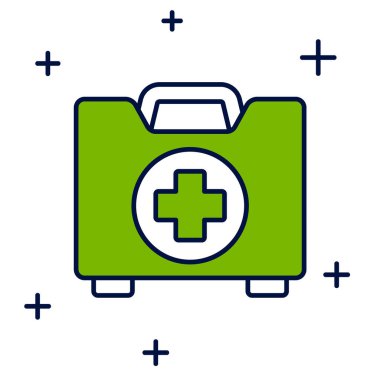 Doldurulmuş ilk yardım çantası simgesi beyaz arkaplanda izole edildi. Haçlı sağlık kutusu. Acil durumlar için tıbbi ekipman. Sağlık sigortası konsepti. Vektör