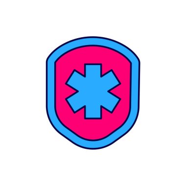 Ana hatları doldurulmuş tıbbi kalkan beyaz arka planda çapraz ikon ile izole edilmiş. Koruma, güvenlik, şifre güvenliği. Vektör