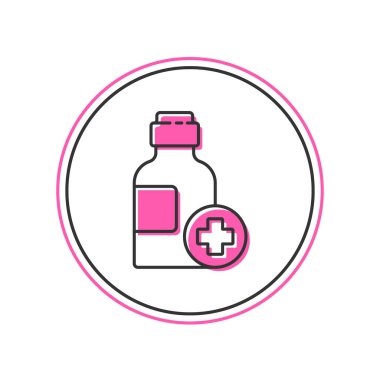 Beyaz arka planda izole edilmiş, ana hatlı ilaç şurubu ikonu. Vektör