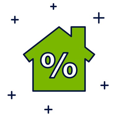 Beyaz arkaplanda izole edilmiş ana hatlı indirimli etiket simgesi ile ev dolduruldu. Emlak evi. Kredi yüzdesi sembolü. Vektör