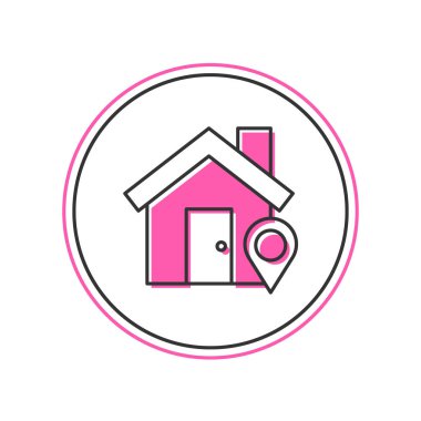 Beyaz arkaplanda izole edilmiş ev simgesiyle doldurulmuş harita göstergesi. Ev konumu belirleyici sembol. Vektör