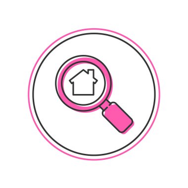 Filled outline Search house icon isolated on white background. Real estate symbol of a house under magnifying glass.  Vector