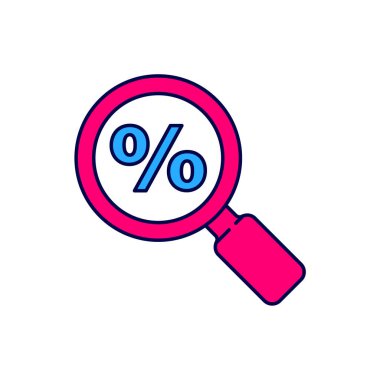 Filled outline Magnifying glass with percent icon isolated on white background. Discount offers searching. Search for discount sale sign.  Vector