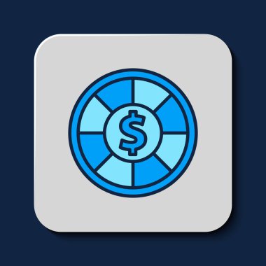 Doldurulmuş ana hat kumarhane çipleri simgesi mavi arkaplanda izole edildi. Kumarhane kumarı. Vektör