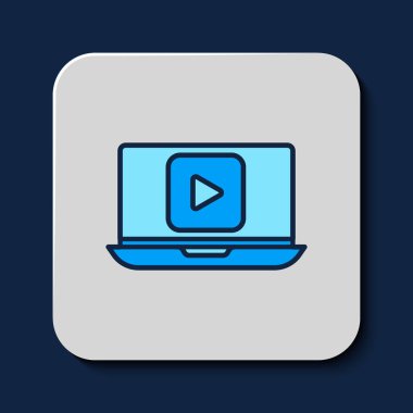 Filled outline Online play video icon isolated on blue background. Laptop and film strip with play sign.  Vector