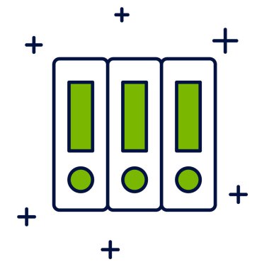 Beyaz arkaplanda izole edilmiş belge ve evrak simgeleriyle doldurulmuş ofis dizinleri. Ofis dosyaları. Dosya arşivleme işareti. Vektör
