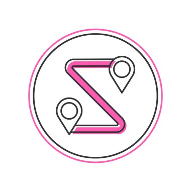 Doldurulmuş ana hat konum simgesi beyaz arkaplanda izole edildi. Harita işaretçisi işareti. Yol ya da yol kavramı. GPS navigatörü. Vektör