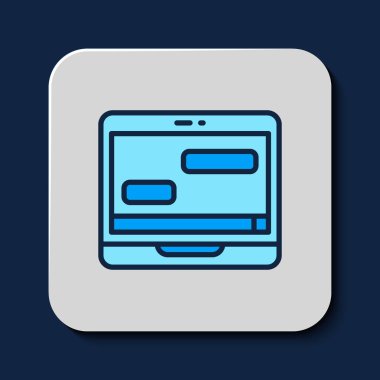 Mavi arkaplanda bulunan dizüstü bilgisayardaki yeni sohbet mesajları bildirimi dolduruldu. Smartphone sohbet mesajları konuşma baloncukları. Vektör