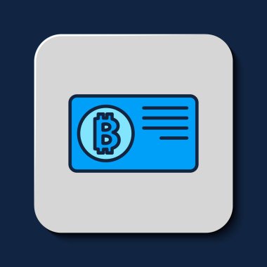 Mavi arka planda izole edilmiş bitcoin simgesiyle doldurulmuş kredi kartı. Çevrimiçi ödeme. Nakit çekilmesi. Modern ödeme yöntemi. Vektör