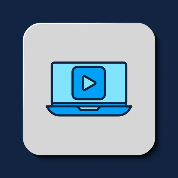 Filled Outline Online Play Video Icon Isolated Blue Background Laptop — Stockvektor