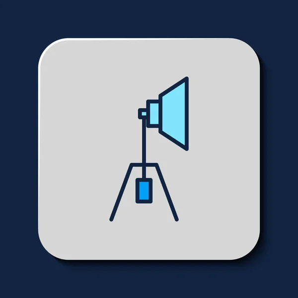 Filled Outline Movie Spotlight Icon Isolated Blue Background Light Effect — Vetor de Stock