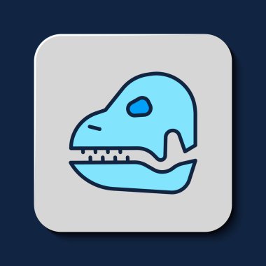 Mavi arka planda izole edilmiş, ana hatlı dinozor kafatası ikonu. Vektör