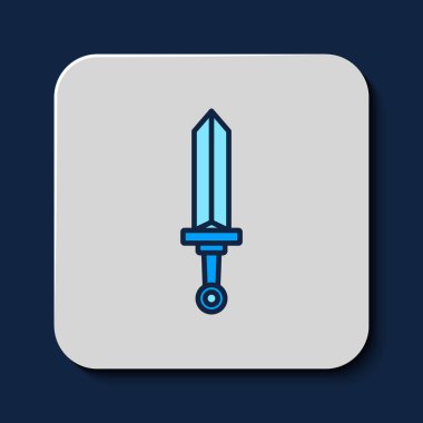 Filled outline Medieval sword icon isolated on blue background. Medieval weapon.  Vector
