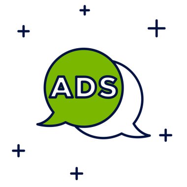 Doldurulmuş ana hat reklam simgesi beyaz arkaplanda izole edildi. Pazarlama ve tanıtım süreci kavramı. İlgili reklamlar. Sosyal medya reklamcılığı. Vektör