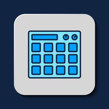 Doldurulmuş Drum Machum müzik yapımcısı ikonu mavi arka planda izole edildi. Vektör