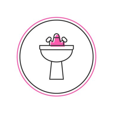 Beyaz arka planda izole edilmiş ana hatlı lavabo su musluğu ikonu ile dolu. Vektör